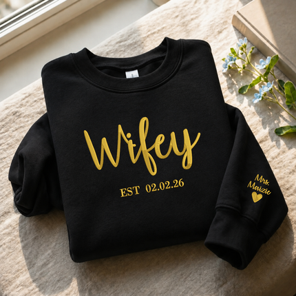 Wifey Sweatshirt, Bride Embroidered Sweater, Personalised Mrs Jumper, Custom Date Bride And Groom Wedding Gift Bachelorette Party Bride Hood