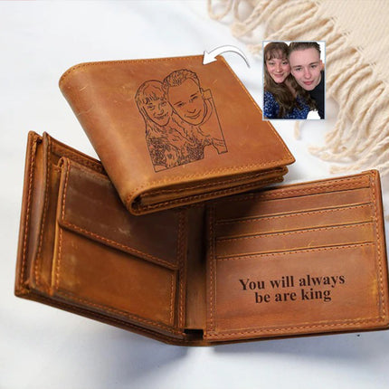 Personalised Portrait Leather Dad Wallet, Gift for Dad, Handwriting Engraved Wallet