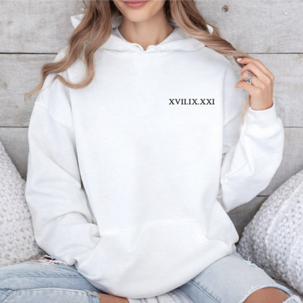 One Year Anniversary Roman Numeral Hoodie, Custom Wedding Date Embroidered Wifey Jumper, 7th Anniversary Gift Couple Matching Sweatshirt