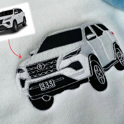 Personalised Car Sketch Embroidered Hoodie, Custom Cars Portrait Matching Sweater, Cars Lover Couple Jumper, Memorial Portrait New Dad Gifts