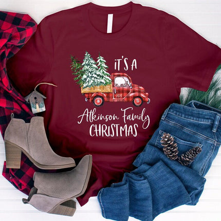 Christmas Matching Family Tshirt, Buffalo Plaid Christmas Truck Printed Shirts, Personalised Family Last Name Xmas Eve Matching Comfy Outfit
