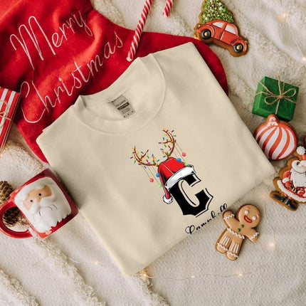 Christmas Reindeer Horns Sweatshirt, Custom Name With Initials Printed Sweater, Personalised Family Pullover Jumper, Christmas Eve Party Top