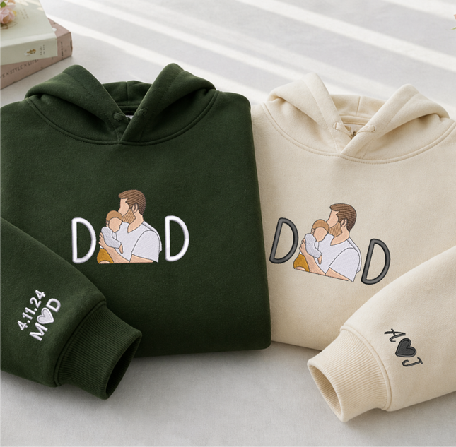 Custom Sketch Embroidered Photo Hoodie, Personalised Faceless Portrait Sketch Sweatshirt, Daddy Matching Portrait Jumper, Christmas Dad Gift