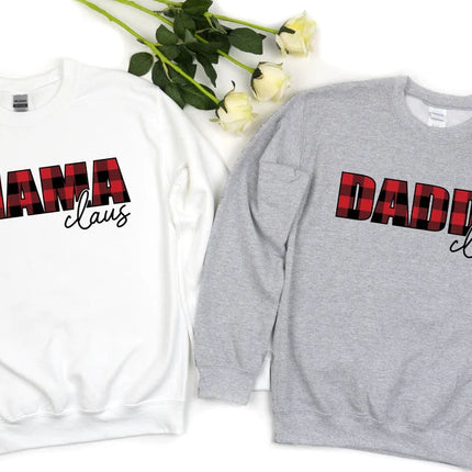 Mama Claus Daddy Claus Christmas Sweatshirt, Christmas Family Matching Sweater, Xmas Buffalo Plaid Printed Crewneck Tops, Christmas Eve Gift