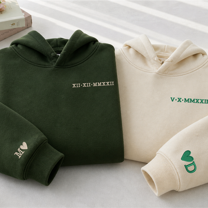 Embroidered Roman Numeral Couple Hoodie, Personalised Matching Anniversary Hoody, Initials GF BF Special Date Pullover Jumper, Fiance Gifts