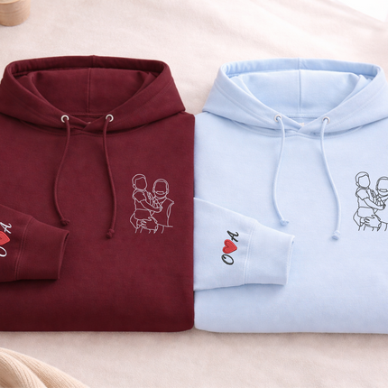 Custom Photo Embroidered Hoodie, Personalised Family Matching Sketch from Photo Unisex Jumper, 1st Anniversary Special Date Initial Outfits