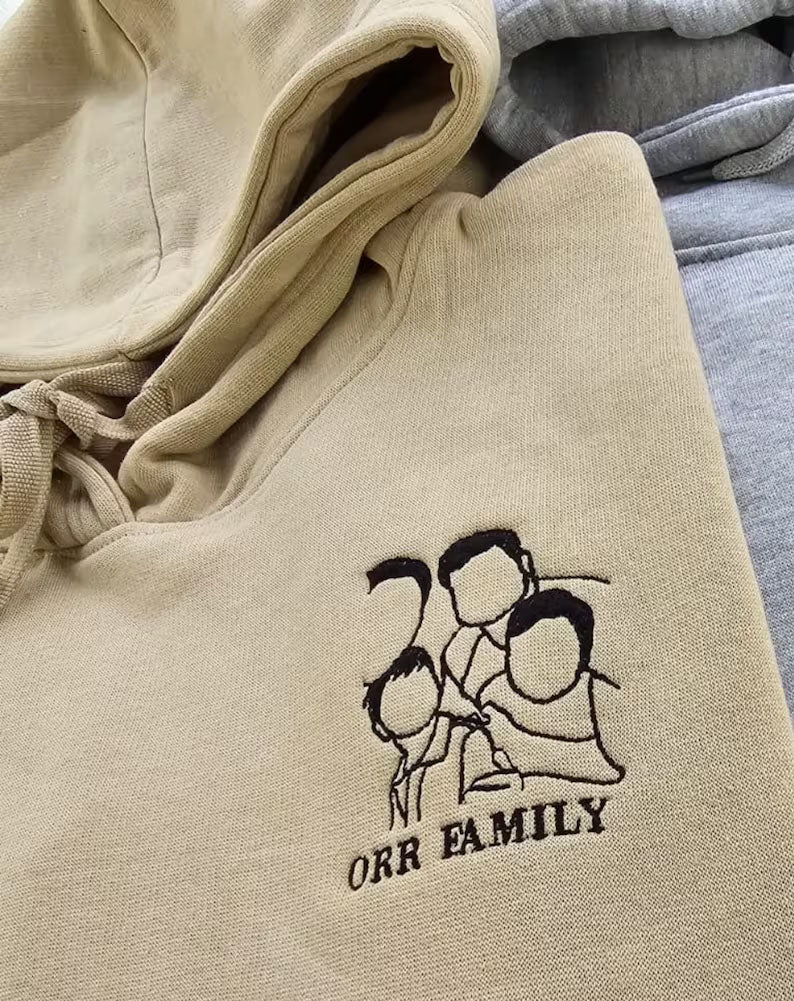 Custom Photo Embroidered Hoodie, Personalised Family Matching Sketch from Photo Unisex Jumper, 1st Anniversary Special Date Initial Outfits