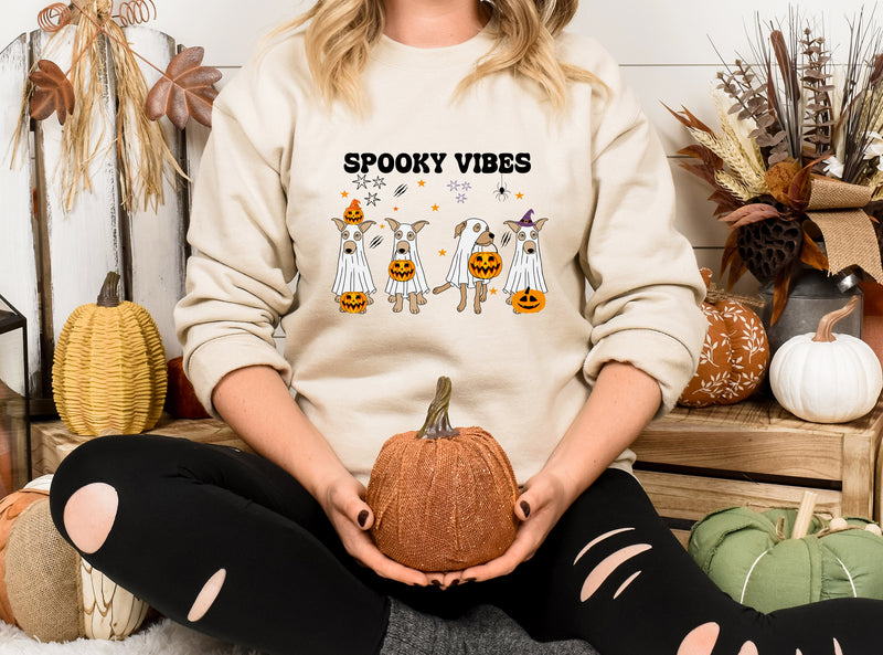 Retro Halloween Dogs Sweatshirt, Spooky Vibes Printed Sweater, Cure Halloween Ghost Dogs Jumper, Dog Lover Gifts, Gothic Dogs Halloween Tops