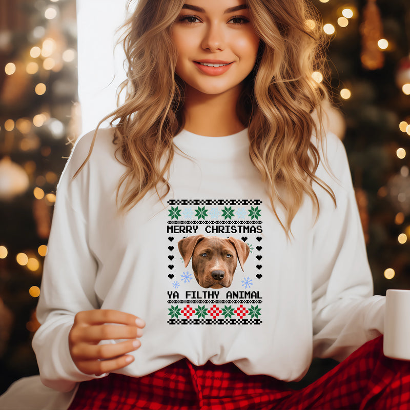 Personalised Photo Christmas Ugly Sweatshirt, Custom Dog Photo Xmas Printed Sweater, Ya Filthy Animal Dog Jumper, Funny Dog Lovers Xmas Gift