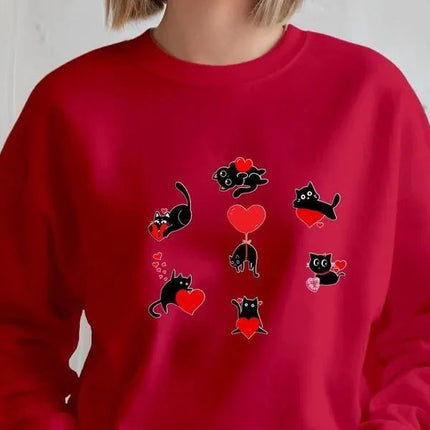 Black Cat Valentines Day Sweatshirt, Black Cat Valentine Sweater for Women, Cute Cats Love Day Printed Jumpers, Cat Lover Valentine Day Gift