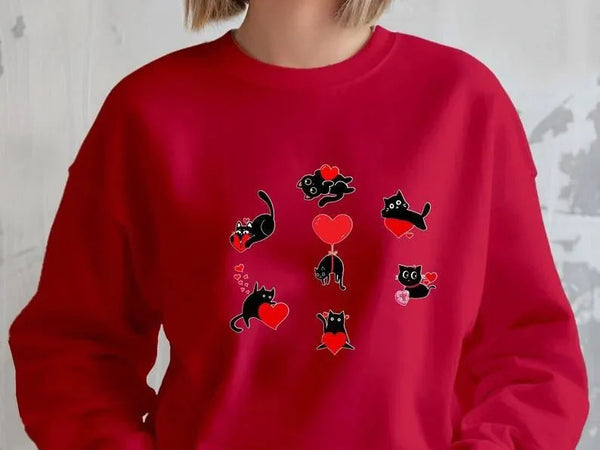 Black Cat Valentines Day Sweatshirt, Black Cat Valentine Sweater for Women, Cute Cats Love Day Printed Jumpers, Cat Lover Valentine Day Gift