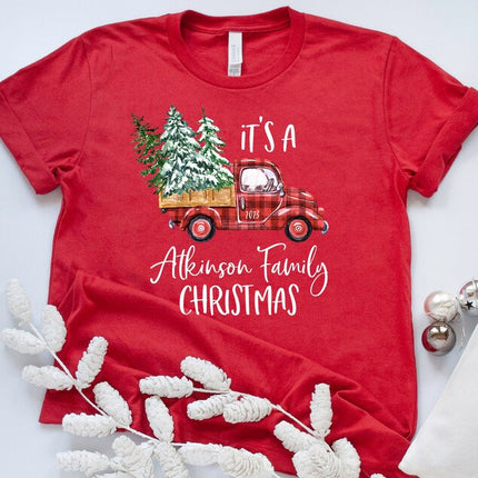 Christmas Matching Family Tshirt, Buffalo Plaid Christmas Truck Printed Shirts, Personalised Family Last Name Xmas Eve Matching Comfy Outfit