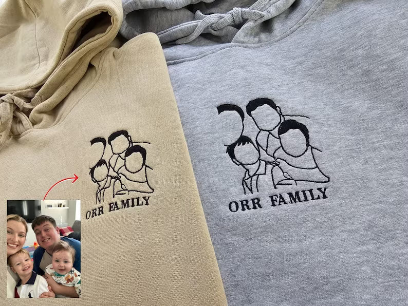 Custom Photo Embroidered Hoodie, Personalised Family Matching Sketch from Photo Unisex Jumper, 1st Anniversary Special Date Initial Outfits