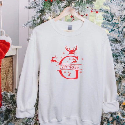 Custom Initial Christmas Sweatshirt, Custom Name Reindeer Horns Xmas Sweater, Personalise Family Matching Jumper, Christmas Couple Eve Gifts