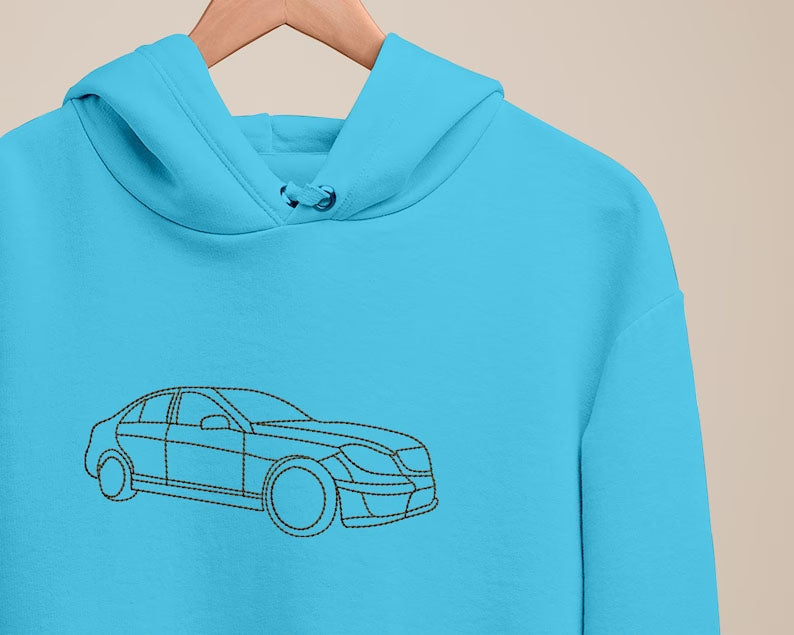 Custom Car Embroidered Photo Hoodie, Outline Car Portrait from Photo Jumper, Personalised Sketch Couples Hoody, Memorial Car Lover Guy Gift