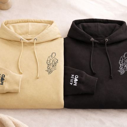 Custom Photo Embroidered Hoodie, Personalised Family Matching Sketch from Photo Unisex Jumper, 1st Anniversary Special Date Initial Outfits