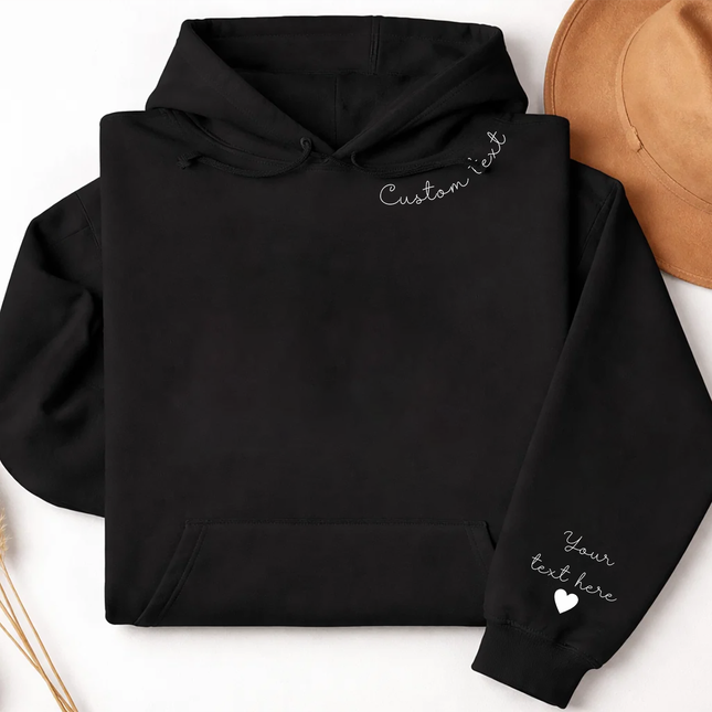 Personalized Hoodies, Custom Names/Text on Neck and Sleeve Hooded Sweatshirt, Halloween Jumper for her, Unisex Hoodies, Gifts for Husband