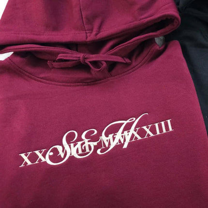 Personalise Embroider Initial Hoodie,1st Anniversary Roman Numeral Date Jumper, Customize Matching Embroidered Hoody, Unique Gift For Couple