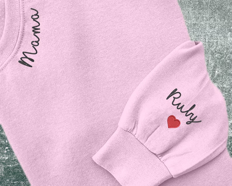 Embroidered Mama Crewneck Sweatshirt, Personalised Text Matching Mom Hoody, Custom Mum Jumper With Initial Heart, Mother Day Gift Womens Top