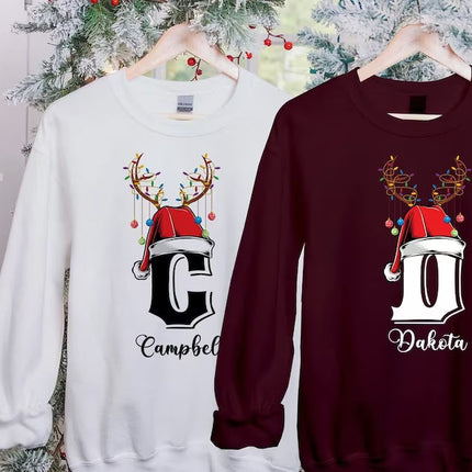Christmas Reindeer Horns Sweatshirt, Custom Name With Initials Printed Sweater, Personalised Family Pullover Jumper, Christmas Eve Party Top