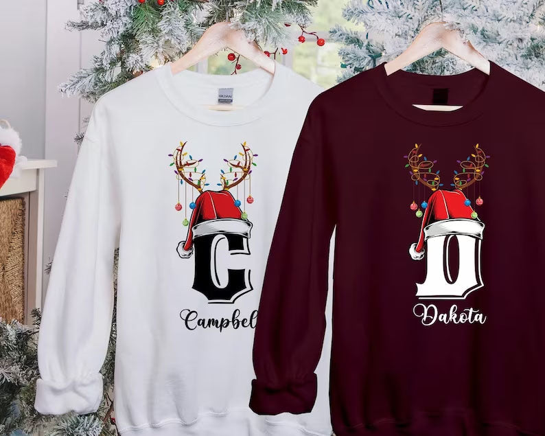 Christmas Reindeer Horns Sweatshirt, Custom Name With Initials Printed Sweater, Personalised Family Pullover Jumper, Christmas Eve Party Top