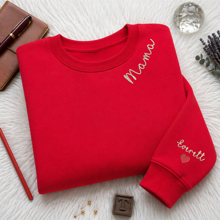 Embroidered Mama Crewneck Sweatshirt, Personalised Text Matching Mom Hoody, Custom Mum Jumper With Initial Heart, Mother Day Gift Womens Top