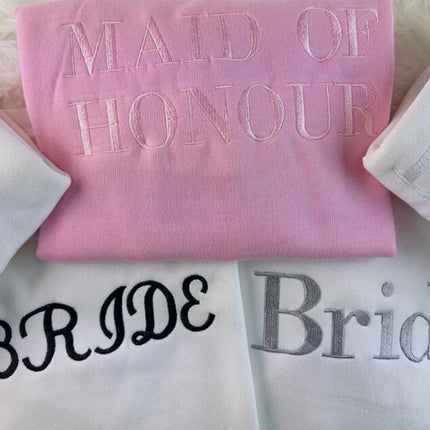 Bride Sweatshirt, Wifey Embroidered Crewneck Jumper, Maid of Honour Hubby Jumper, Couple Matching Hen Do Bachelor Party Wedding Gift for Mrs