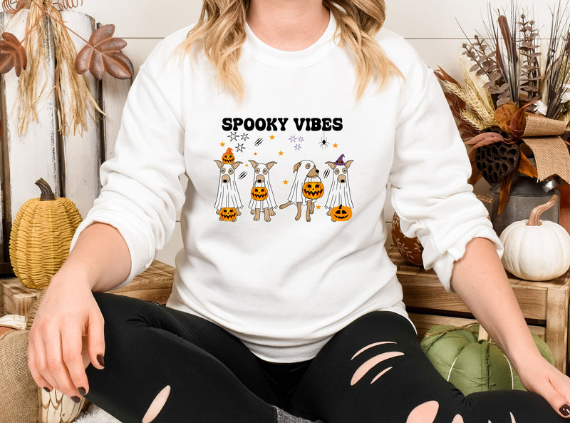 Retro Halloween Dogs Sweatshirt, Spooky Vibes Printed Sweater, Cure Halloween Ghost Dogs Jumper, Dog Lover Gifts, Gothic Dogs Halloween Tops