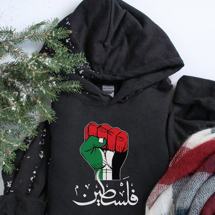 Palestine Arabic Calligraphy Hoodie, Palestine Fist Flag Printed Hoody, Free Palestine Protest Jumper, Freedom for Gaza Adults Matching Tops