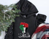 Palestine Arabic Calligraphy Hoodie, Palestine Fist Flag Printed Hoody, Free Palestine Protest Jumper, Freedom for Gaza Adults Matching Tops