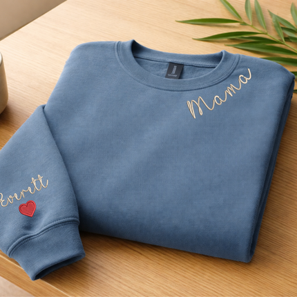 Embroidered Mama Crewneck Sweatshirt, Personalised Text Matching Mom Hoody, Custom Mum Jumper With Initial Heart, Mother Day Gift Womens Top