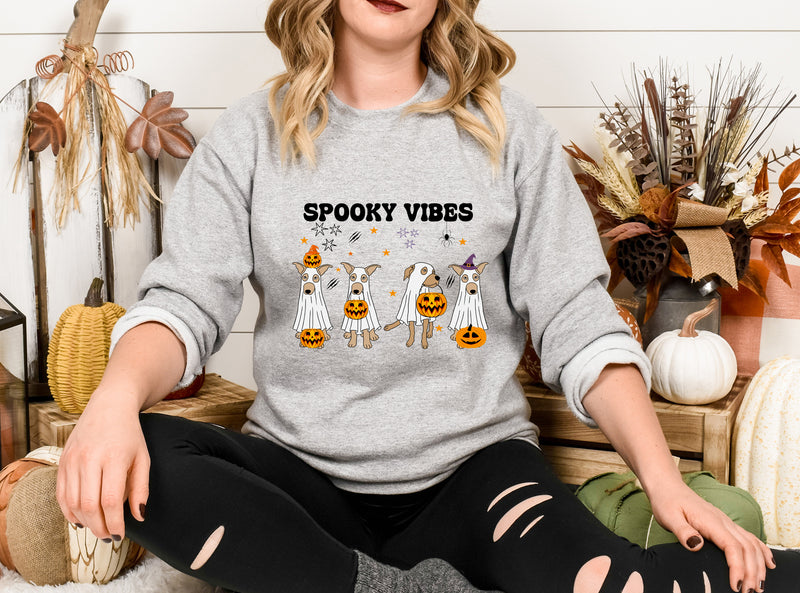 Retro Halloween Dogs Sweatshirt, Spooky Vibes Printed Sweater, Cure Halloween Ghost Dogs Jumper, Dog Lover Gifts, Gothic Dogs Halloween Tops