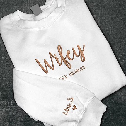 Wifey Sweatshirt, Bride Embroidered Sweater, Personalised Mrs Jumper, Custom Date Bride And Groom Wedding Gift Bachelorette Party Bride Hood