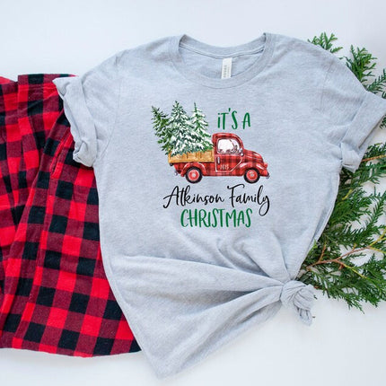 Christmas Matching Family Tshirt, Buffalo Plaid Christmas Truck Printed Shirts, Personalised Family Last Name Xmas Eve Matching Comfy Outfit