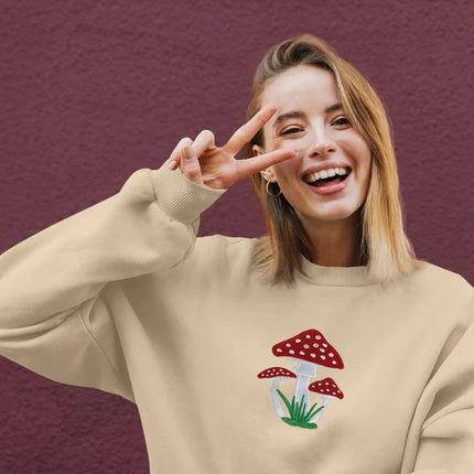 Embroidered Mushroom Hoodie, Magic Mushroom Embroidery Crewneck Jumper, Botanical Plant Nature Lover Shroom Womens Top, Frog Unisex Sweater
