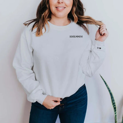 Custom Special Date Anniversary T Shirt, Roman Numeral Embroidered T Shirt, Personalised One Year Dating Gift For Couple Off White Tee Shirt