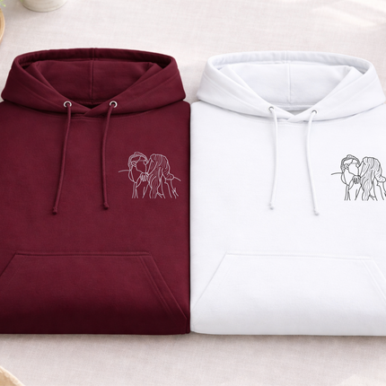 Custom Photo Embroidered Hoodie, Personalised Family Matching Sketch from Photo Unisex Jumper, 1st Anniversary Special Date Initial Outfits