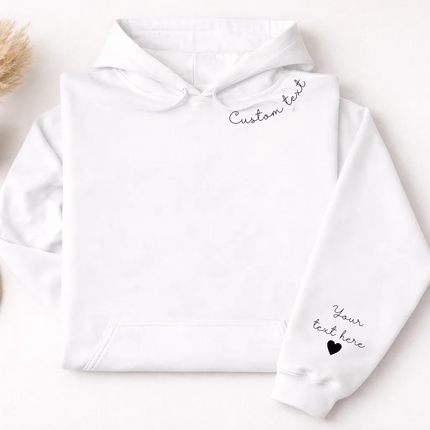 Personalized Hoodies, Custom Names/Text on Neck and Sleeve Hooded Sweatshirt, Halloween Jumper for her, Unisex Hoodies, Gifts for Husband