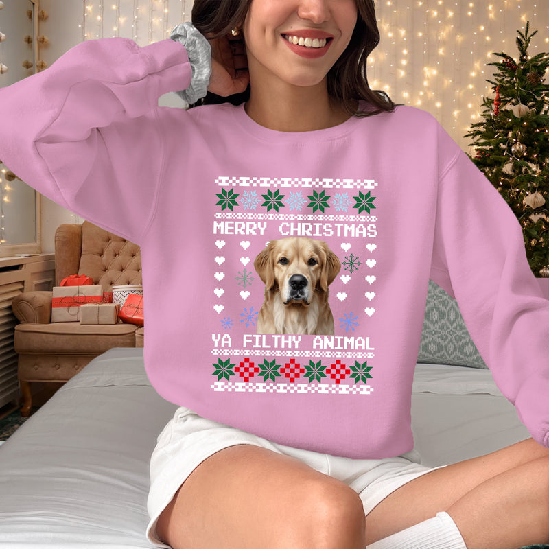 Personalised Photo Christmas Ugly Sweatshirt, Custom Dog Photo Xmas Printed Sweater, Ya Filthy Animal Dog Jumper, Funny Dog Lovers Xmas Gift