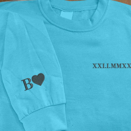 Personalised Anniversary Sweatshirt, Roman Numeral Date Initial Heart Embroidered Sweater, One Year Anniversary Gifts, His and Hers Hoodies