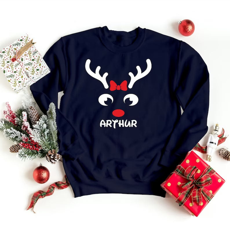 Christmas Reindeer Horns Matching Sweater, Personalised Name Printed Sweatshirt, Custom Family Matching Jumper, Christmas Holiday Outfits