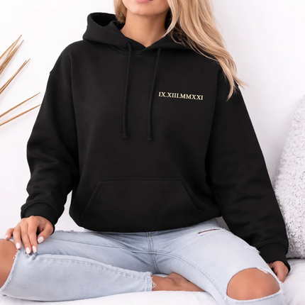 One Year Anniversary Roman Numeral Hoodie, Custom Wedding Date Embroidered Wifey Jumper, 7th Anniversary Gift Couple Matching Sweatshirt