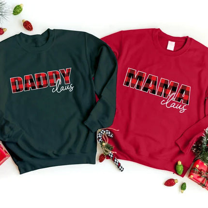 Mama Claus Daddy Claus Christmas Sweatshirt, Christmas Family Matching Sweater, Xmas Buffalo Plaid Printed Crewneck Tops, Christmas Eve Gift