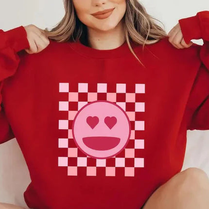 Valentines Day Smiley Face Sweatshirt, Retro Happy Face Sweater for Women, Valentines Day Checkered Printed Crewneck Jumper, Gifts for Her