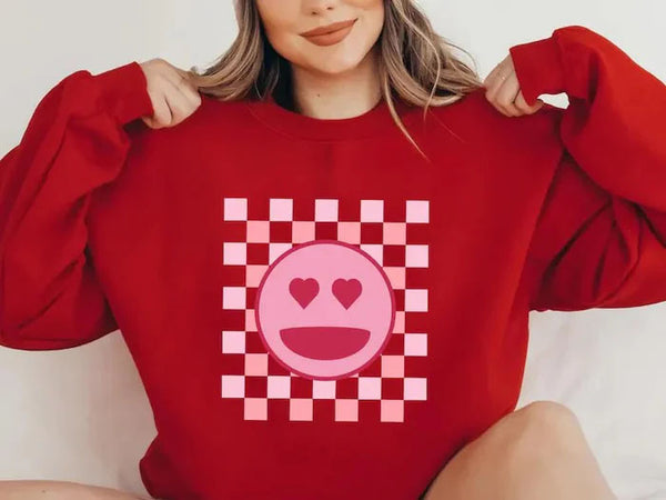 Valentines Day Smiley Face Sweatshirt, Retro Happy Face Sweater for Women, Valentines Day Checkered Printed Crewneck Jumper, Gifts for Her