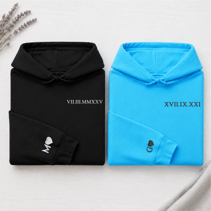 Roman Numerals Hoodie, Wedding 1 Year Anniversary Date Embroidered Sweatshirt, Personalised His and Hers Hoodies, Matching Best Friend Gifts