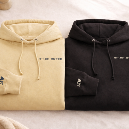 Embroidered Roman Numeral Couple Hoodie, Personalised Matching Anniversary Hoody, Initials GF BF Special Date Pullover Jumper, Fiance Gifts