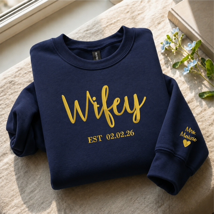 Wifey Sweatshirt, Bride Embroidered Sweater, Personalised Mrs Jumper, Custom Date Bride And Groom Wedding Gift Bachelorette Party Bride Hood