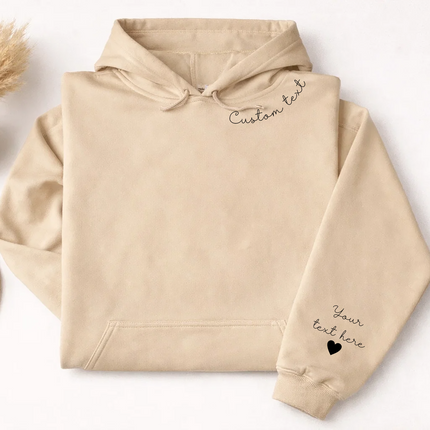 Personalized Hoodies, Custom Names/Text on Neck and Sleeve Hooded Sweatshirt, Halloween Jumper for her, Unisex Hoodies, Gifts for Husband