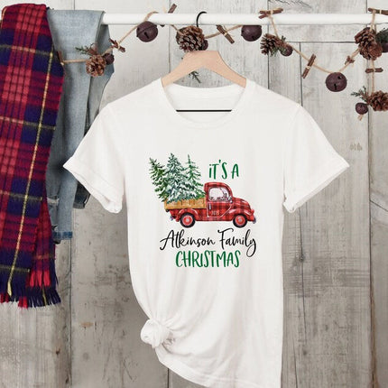 Christmas Matching Family Tshirt, Buffalo Plaid Christmas Truck Printed Shirts, Personalised Family Last Name Xmas Eve Matching Comfy Outfit